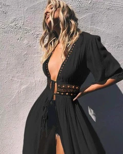 Lace Trim Tie Cardigan and Bikini Cover-Up - Picture 1 of 17