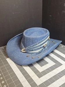 Simply Barbara Cowboy Western Denim GUC Rhinestone Sz Small USA Beyonce Hat - Picture 1 of 22