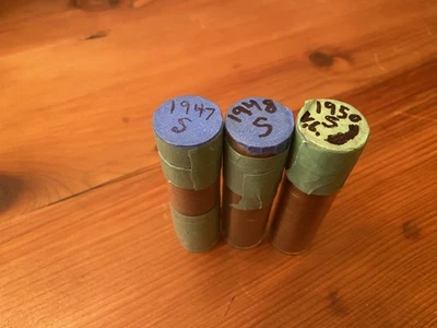 1947 1948 1959 Lincoln Wheat Pennies 3 Rolls 150 Coins Circulated San Francisco - Image 1 of 2