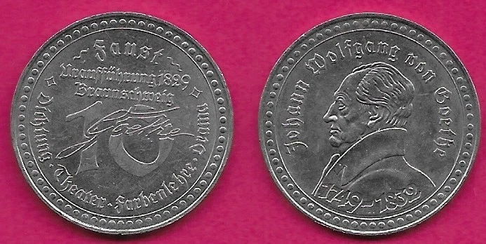 GERMANY 10 GOETHE,TOKEN UNDATED GERMANY WOLFGANG VON GOETHE 1749-1832,BUST ON TH - Image 1 of 1