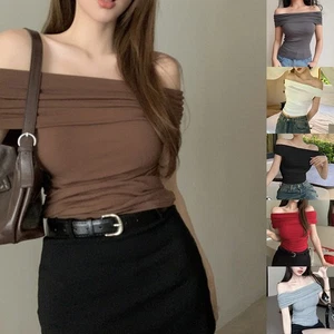Retro Off Shoulder T Shirt for Women with Short Sleeves and Slim Fit Style - Picture 1 of 22