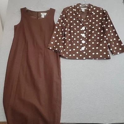 Coldwater Creek 女式 12P 亚麻混纺连衣裙和夹克蝴蝶结白色圆点 * 阅读 * — 第 1/4 张图片