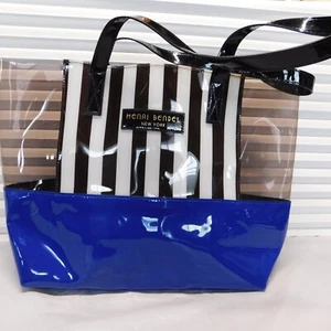 HENRI BENDEL BLUE BOTTOM AND BROWN STRIPES PVC TOTE BAG - Picture 1 of 11