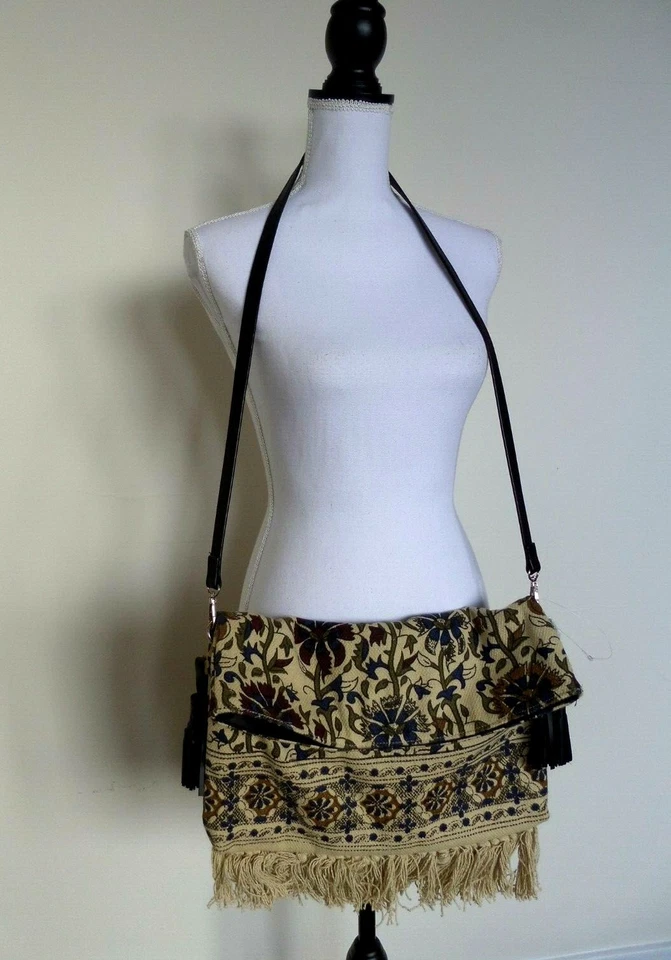 NWT ZARA Shoulder Crossbody Cotton Bag Fringe Calf Leather Beige Floral Medium  - Image 1 of 4