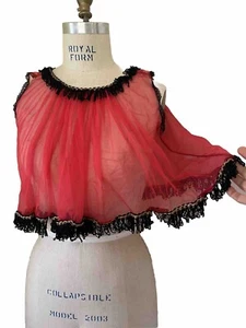 Vtg 1980s Sheer Red & Black Nylon Shirt X-Short Nightie Babydoll Fringe Trim M - Picture 1 of 12