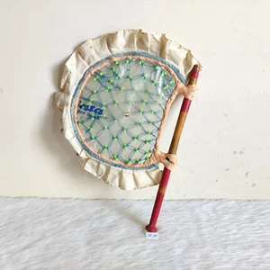 Vintage Handwoven Multicolor Cloth Beads Work Hand Fan Wooden Stick Rare HF20 - Picture 1 of 8