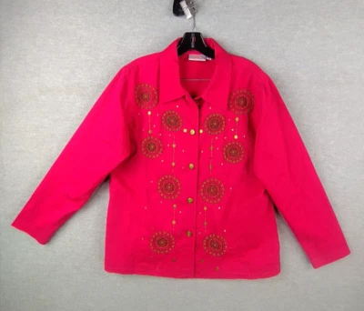 Quacker Factory Womens Jacket Medium M Red Denim Button Up Beaded Floral Boxy - Image 1 of 4