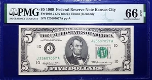 1969 $5 Federal Reserve Note Fr-1969-J Kansas City PMG66 Gem EPQ - Picture 1 of 2