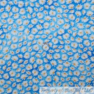 BonEful Fabric FQ Cotton Quilt Blue White Yellow Flower Small Little Daisy Print - Image 1 of 4