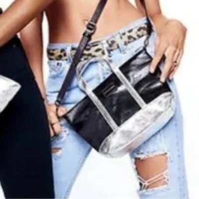 Victoria's Secret Black & Silver Metallic Small Crossbody Tote Bag - Image 1 of 4