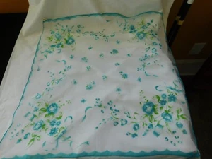 Vintage 1950's, 60's Sheer Nylon Scarf Turquoise Flowers Japan - Picture 1 of 5