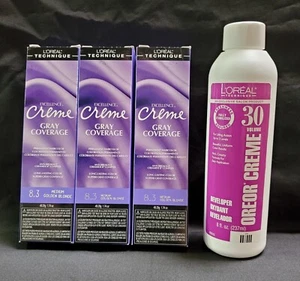 L'Oreal Gray Coverage 8.3 Medium Golden Blonde 1.74oz(3 Pack) & 8oz 30 Vol Oreor - Picture 1 of 3