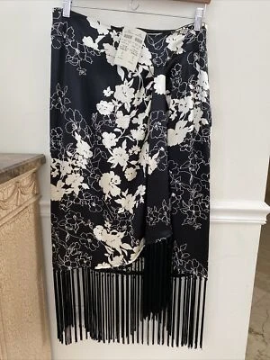 Falda de seda blanca y negra estampada Lillie Rubin midi y flecos nueva con etiquetas talla 8 forrada $128 Foto 1 de 4
