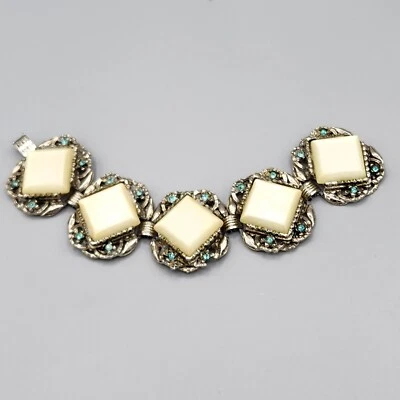 Vintage White Moonglow Fizzy Lucite Blue Rhinestone Silver Tone Bracelet 7.5g" - Image 1 of 4