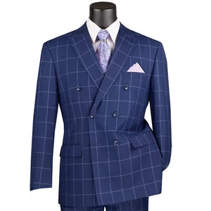 VINCI Men's Blue Windowpane Double Breasted 6-Button Modern Suit - NEW - Picture 1 of 3