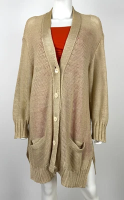 Cardigã suéter Donna Karan feito na Itália 10 12 EUA 48 IT M L bronzeado 100% linho autêntico - Imagem 1 de 4