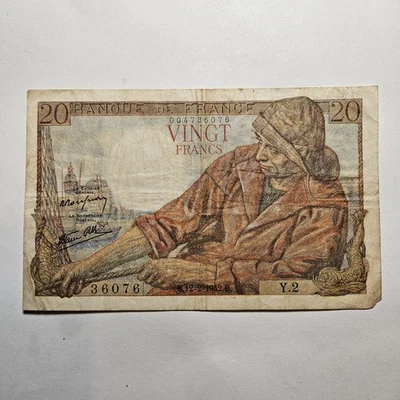 1942 France 20 Francs Banknote Note Bill Currency Circulated Fair Cond 36076 - Image 1 of 2