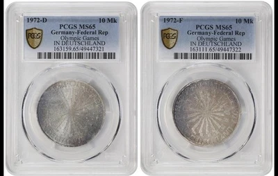 ALEMANHA dupla de 10 MARK 1972 D,F Siver KM#130 Jogos Olímpicos de Munique. PCGS FF15.4 MS65  - Imagem 1 de 4