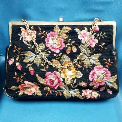VTG 16x12 Needlepoint Carpetbag Purse Black w/Pink Roses Brass + Leather Chain  - Image 1 of 4