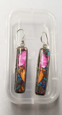 Серьги-капли из стерлингового серебра с розовыми устричными драгоценными камнями 2 дюйма - Изображение 1 из 4