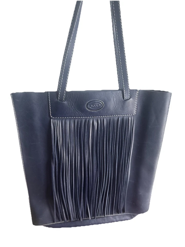 TOD'S Navy Blue Leather Fringe Medium Tote Bag - Image 1 of 1