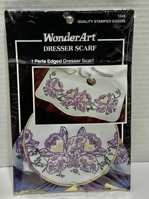Wonder Art Stamped Dresser Scarf Needlepoint Embroidery Perle Edged NWT - Image 1 of 2