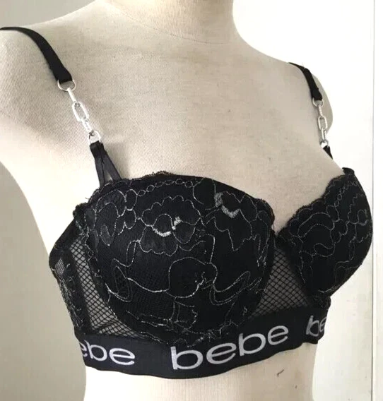 BEBE Lingerie Metallic Laced Floral Bras Logo Push Up Brassiere Chains Blk 38B - Image 1 of 4
