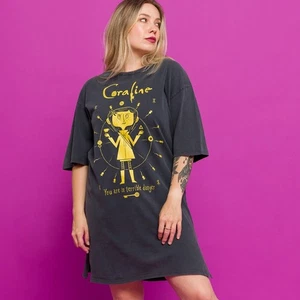 Official Coraline You Are In Terrible Danger Vintage Wash Charcoal T-Shirt Dress - Picture 1 of 4