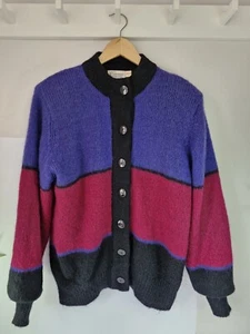 Vintage 80's Mohair Colour Block Cardigan Shoulder Pads Oversized Size 36 10-12 - Picture 1 of 12