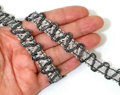 1/2" 13mm width 10 -20 yds Silver Metallic Black Ric Rac Ribbon Trim Craft L604  - Image 1 of 4