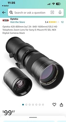 Opteka 420-800mm Super Telephoto Zoom Lens Platinum Series High Def - Image 1 of 4