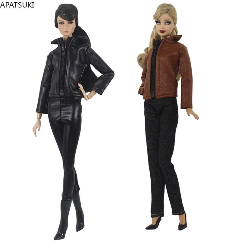 MARKENLOS Mode Leder Reißverschluss Jacke Kleidung Set für Barbie-Puppe Outfit Hose Schuhe