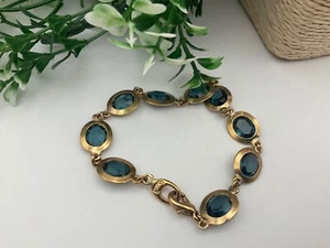 Gold Tone With Blue Topaz Coloured Glass bracelet Signed M&S (Q1) - Picture 1 of 7
