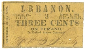 Billete obsoleto 1864 Líbano, Pensilvania 3c H189-35 (D59991) - Imagen 1 de 2