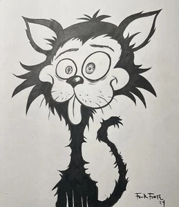 Crazy Black Cat Kitty Original Drawing Art By Frank Forte RARE! - Picture 1 of 3
