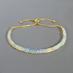 Natural Fire Ethiopian Opal Adjustable Slider Bolo Chain Silver Beads Bracelet - Picture 1 of 5