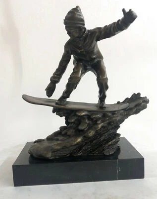 Real Bronze Marble Ski Snowboarder Winter Sport Figurine Sculpture Figural Decor - Image 1 of 4