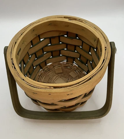 Vintage Handmade Brown and Green Woven Wicker Round Basket with Handle 4.5” Tall Cover