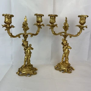 Antique Pair Gilt Bronze Rococo Style Candelabra Putti Holding Mirror 2 Branch - Picture 1 of 12