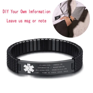 Men Medical Alert ID Spring Stretch Bracelet Armband Personalized Free Engraving - Picture 1 of 31