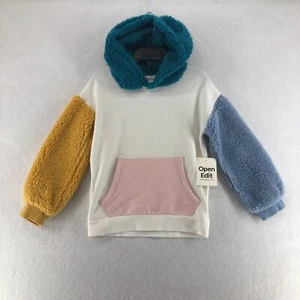 Open Edit Hoodie Girls Sz 3 Ivory Multi Colorblock Fleece Raglan Sleeve Pullover - Picture 1 of 8
