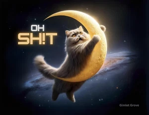 Lustige Katze Postkarte Weltraum Mond Sprung OH SH!T Galaxie Humor Geschenk 5,5x4,25" - Bild 1 von 2