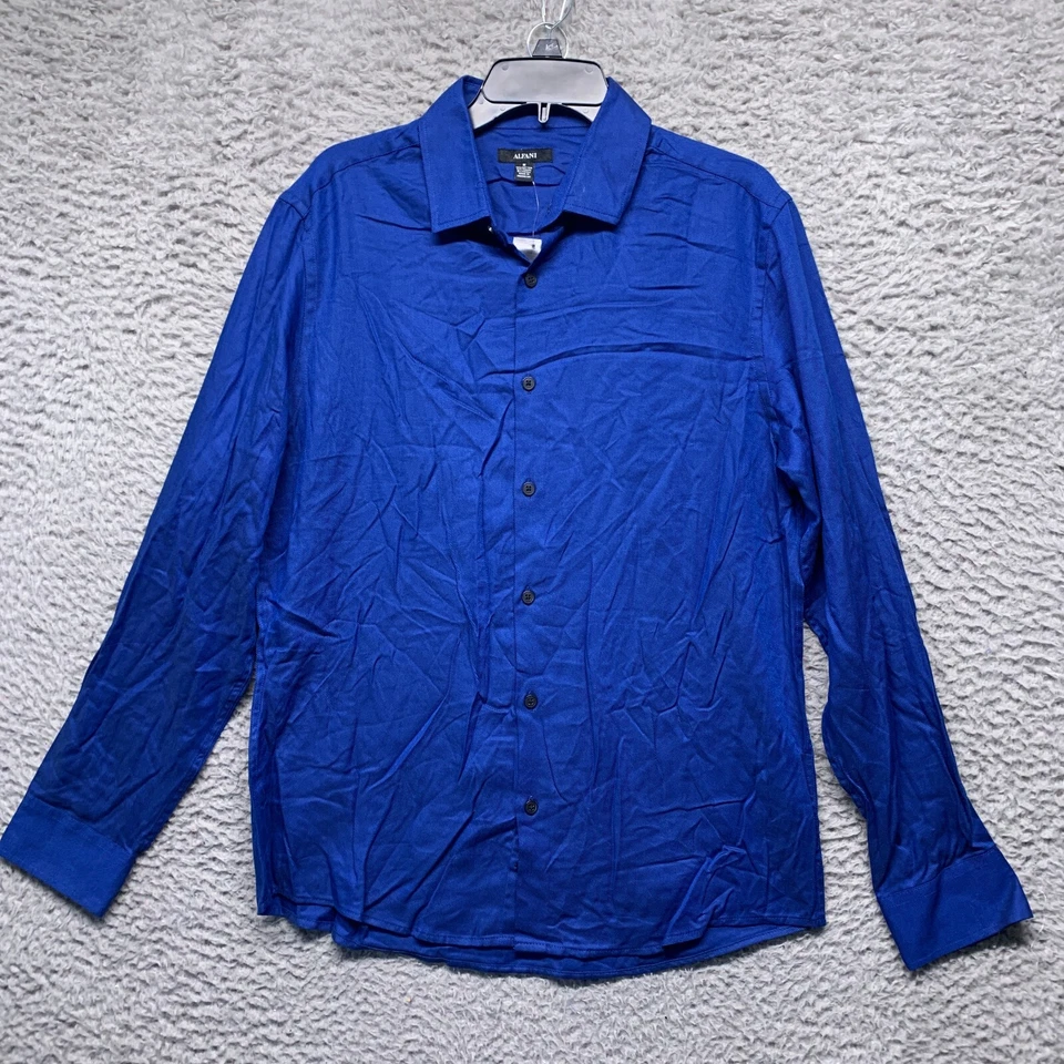 Alfani Shirt Mens M Medium Dark Blue Solid Button Up Long Sleeve