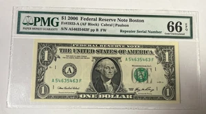 2006 $1 FRN Boston Repeater Serial Number Note PMG 66 EPQ Gem Uncirculated - Picture 1 of 2