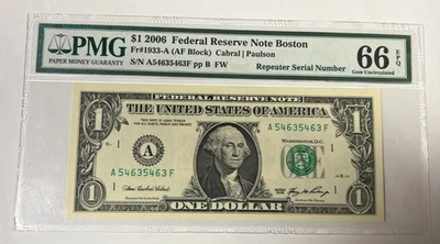 2006 $1 FRN Boston Repeater Serial Number Note PMG 66 EPQ Gem Uncirculated - Image 1 of 2