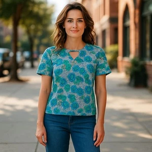 Top Banana Republic floreale buco della serratura svolazzante manica taglia S blu verde - Foto 1 di 11