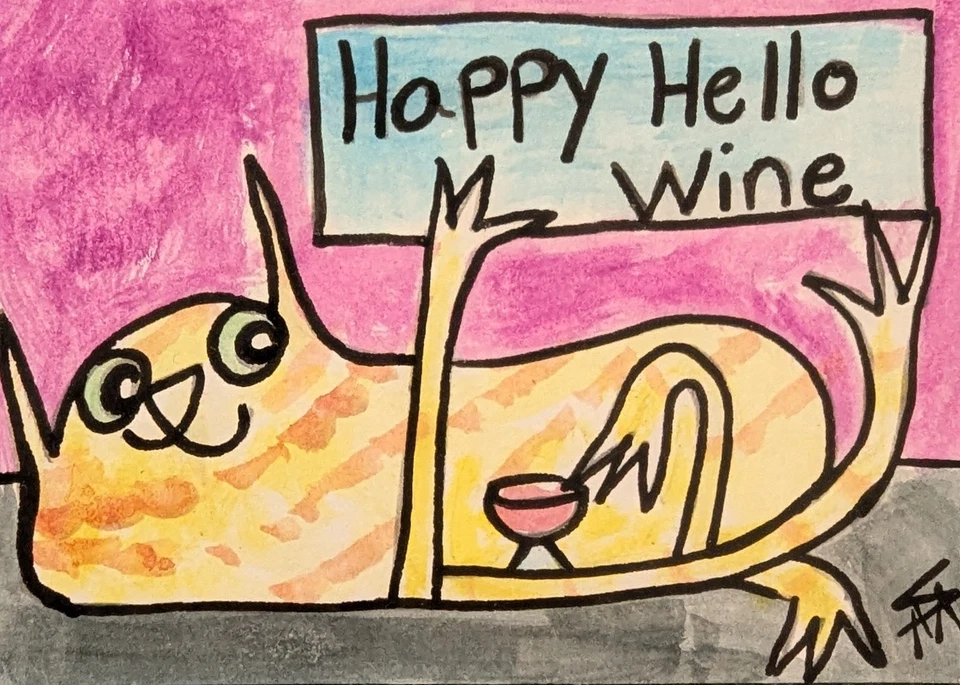 Original ACEO Cat Painting Collectible Modern Wine Art Card Samantha McLean - Image 1 of 1