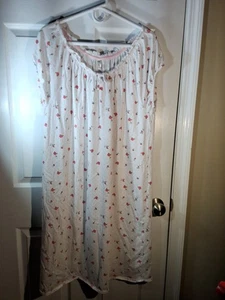 PINKK White Pink Roses Floral Gathered Neck/Sleeves Nightgown Sleep Dress Sz LG - Picture 1 of 5