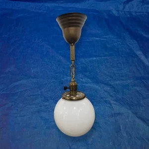 Single Brass Pendant Light White Round Globe Entry Fixture Rewired 56i - Picture 1 of 5