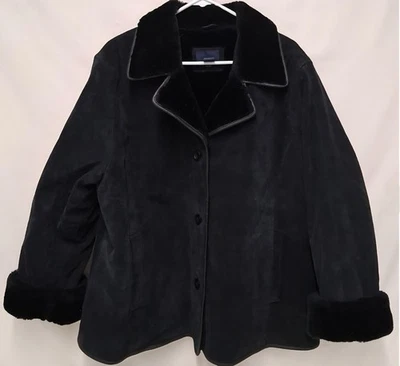 Venezia Black Leather Button-Up Jacket with Fuzzy Collar Sz 18/20 - Image 1 of 4